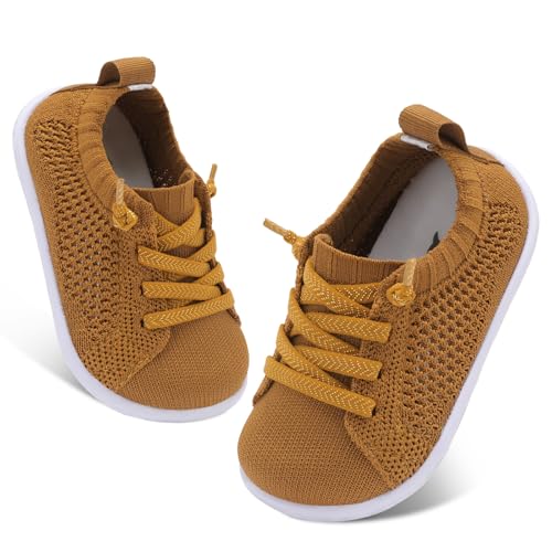 FEETCITY Baby Slip On Shoes Boys First Walker Shoes Wide Baby Sock Shoe Barefoot Infant Sneakers Lightweight Brown