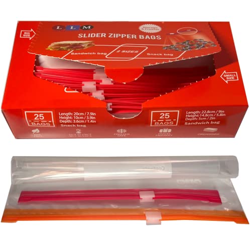 Small Slider Freezer Bags by LLM - Heavy Duty Ziplock Bags, Stand Up, Airtight and Leakproof Smart Zip Seal, BPA Free, Resealable Food Bags for Travel (25 Sandwich Bags & 25 Snack Bags)-50 Bags