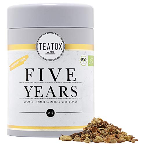 TEATOX Five Years, Bio Genmaicha Matcha mit Ingwer, Limited Anniversary Edition in weißer Schmuckdose