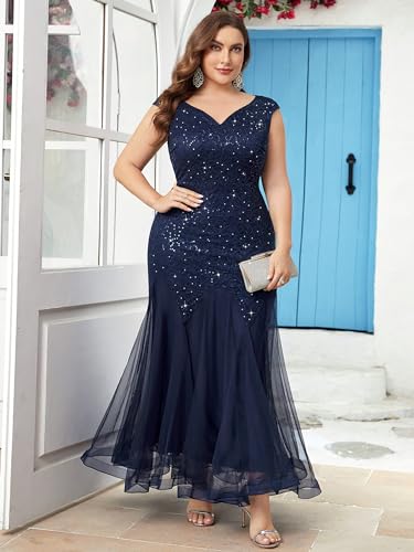 Miusol Women's Plus Size Sequins Lace Tulle Mermaid Hem V-Neck Sleeveless Formal Evening Party Maxi Dress