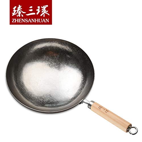 ZhenSanHuan Chinese Hand Hammered Iron Woks and Stir Fry Pans Wood Handle, Non-stick