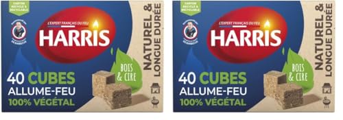 HARRIS – 40 Cubes Allume-feu 100% végétal à Base de Bois compressé et Cire végétale – Naturel et Longue durée – Allumage Rapide et Efficace sans...