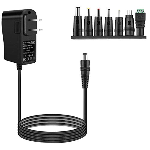 BOLWEO 8.4V 1A Power Supply, 12V Vacuum Cleaner Charger, 8.4W Power Adapter with 7 Tips for 2 String 7.2V 7.4V 8V 18650 Li-ion Battery Pack Charger Cord of Camera Headlight Flashlight