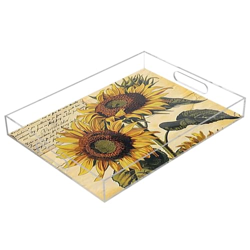 BOESI Graffiti Sunflower Pattern Acrylic Decorative Dining Tray, Acrylic Decorative Tray Organizer with Handle for Kitchen, Dining Room, Bathroom, Dresser