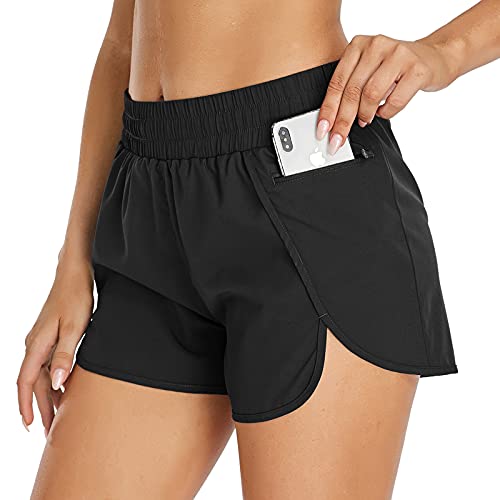 TAKIYA Women&#39;s Running Shorts with Mesh Liner Quick-Dry Athletic Workout Short Elastic Waist with Pockets Black