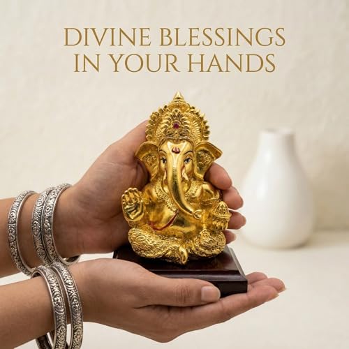 Image of 24K Gold Plated Ganesha Idol - 4 Inch Divine Seated Ganpati Statue on Premium Wooden Base - Auspicious Vastu Home Decor and Spiritual Gift with Anti-Tarnish Finish
