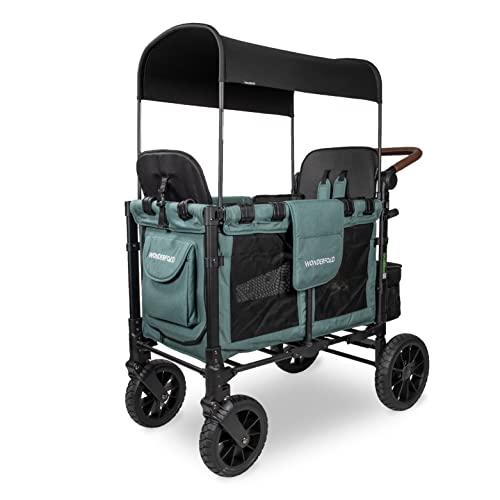 WONDERFOLD W2 Luxe Double Stroller Wagon Featuring 2 High Face-to-Face Seats with Magnetic Buckle 5-Point Harnesses and Adjustable/Removable UV-Protection Canopy, Hunter Green