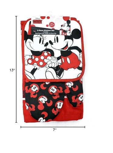 Disney Oven Mitt Pot Holder & Dish Towel 3 pc Kitchen Set (Mickey Minnie Red)