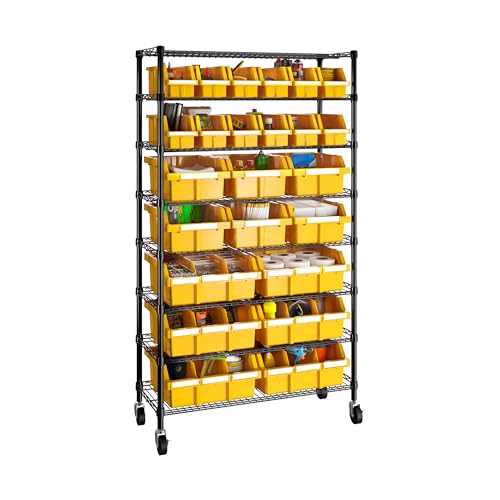 Image of 8-Tier NSF 24-Bin Steel Wire Shelving Rack, 36 inchW x 14.25 inchD x 63.5 inchH, Yellow | 24 slide-out bins with tilt-lock design keep supplies organized and accessible