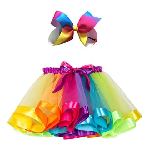 Kunandroc Girls Tutu Skirt, Layered Tulle Rainbow Tutu Skirt Ballet Skirt with Colorful Hair Bows for Kids Girls Birthday Party Dress Up( M Multicolor) Cover