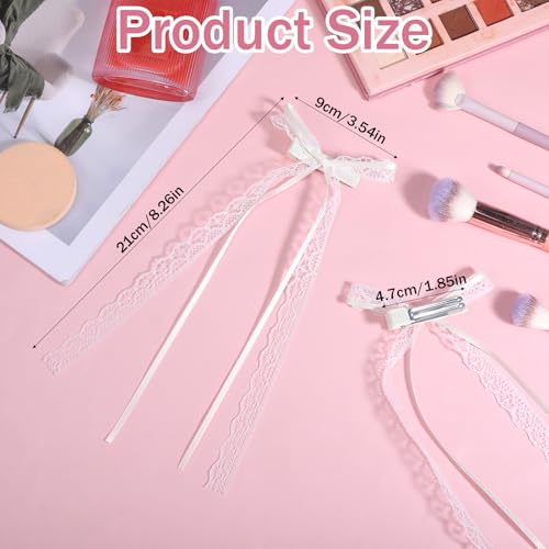 2 Piezas Lazos de Encaje Blancos para el Cabello con Cola Larga, Pinzas de Lazo Coquette para Mujer, Elegantes Barrettes de Cinta con Clip de Cocodrilo, Accesorios para el Cabello de Boda para Niñas y Adolescentes miniatura 2