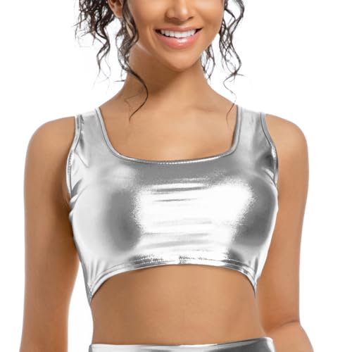 Women's Metallic Crop Top – Shiny Stretch Tank for Rave, Festival, Club, Dance & Party Wear3