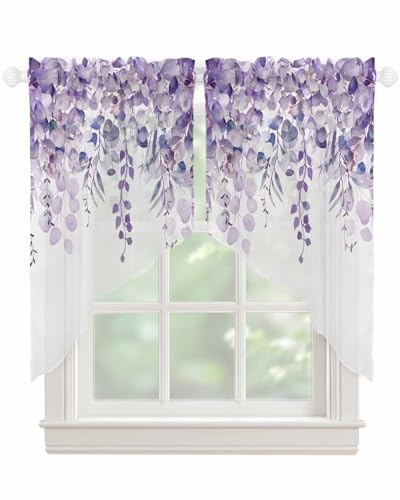 LaBLUUX Semi Sheer Curtains Swag Valances, Purple Eucalyptus Leaves Retro