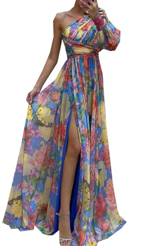 Las Mujeres del OtoñO Y El Invierno De La Moda del Partido Casual Dobladillo Dividido Vestidos Impresos Sueltos Vestidos De Hombro Inclinado