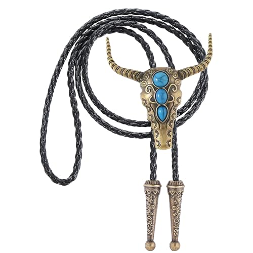 Image of GelConnie Longhorn Bull Bolo Tie for Men Native American Western Cowboy Leather Necktie Bolo Necklace for Women Gold Texas