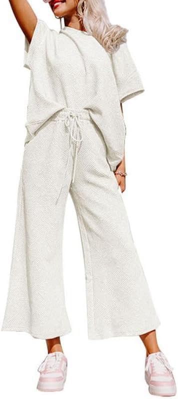 BUNSLOOM Zweiteiler Damen Outfits Sweatsuit Casual Long Sleeve Pullover Tops Drawstring Wide Leg Pants Lounge Sets