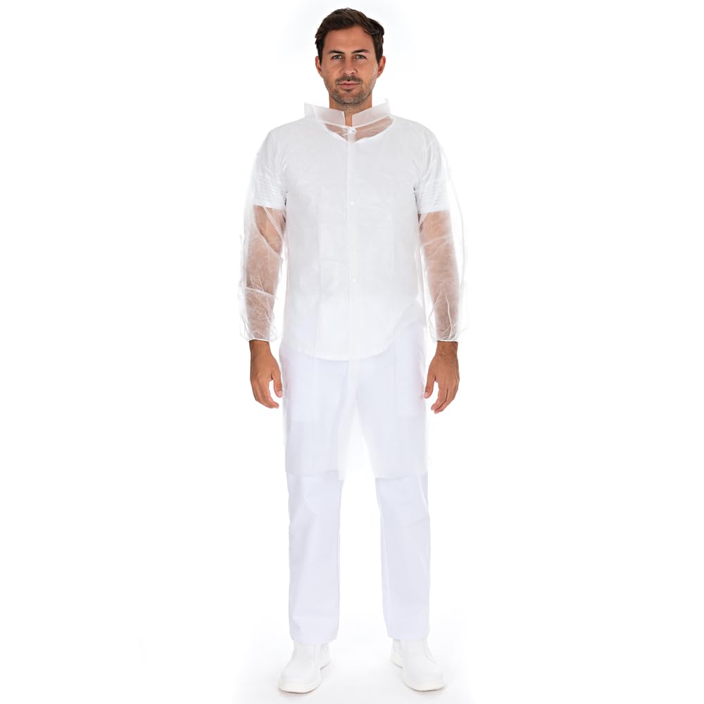 FRANZ MENSCH 100 Stück Hygonorm Besucherkittel Light mit Druckknöpfen, Stehkragen | PP, Sparpack, white, XL, L: 110cm, Umfang: 130cm, Box, Einwegkittel, Besucherkittel,Überkittel die Hygienebereiche