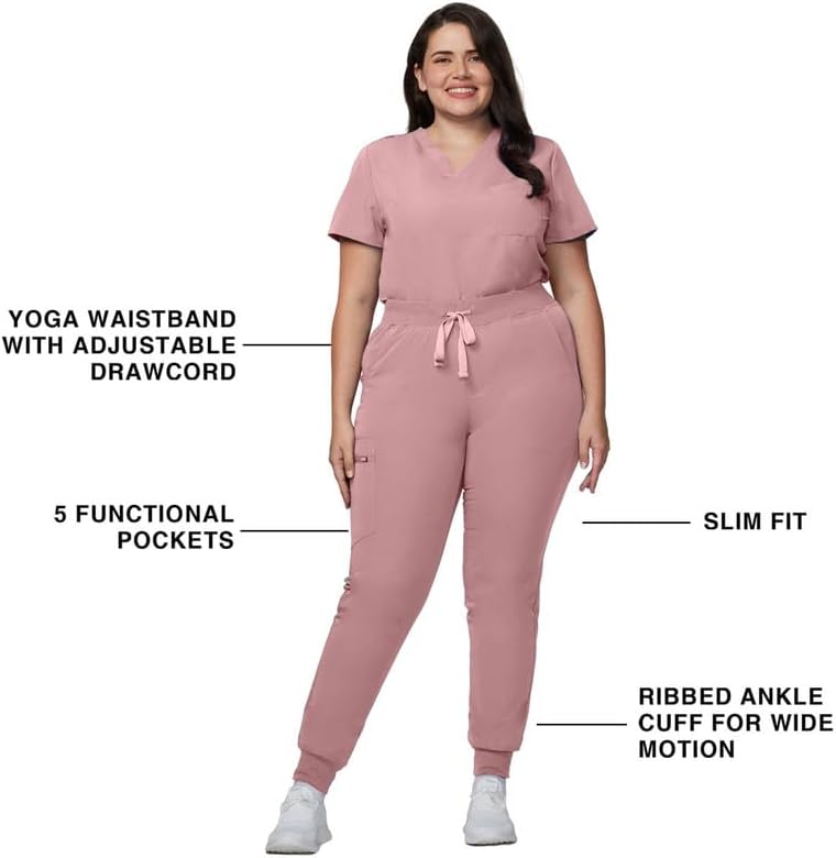 Kitmaz Scrub Pants for Women - Mid Rise 4-Way Stretch Anti-Wrinkle Slim Fit Jogger Pants, Drawstring & 5 Pockets Pink