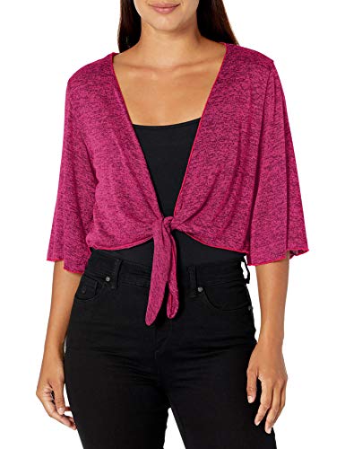 Star Vixen Women's Petite Stretch Hacci Knit Tie-Front Shrug Sweater, Fuchsia/Black, P-Medium