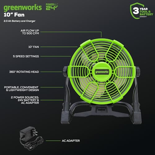 Image of Greenworks 24V 10 inch (5-Speed) Hybrid Fan (500 CFM) and 500 Lumens Lantern, with 2x2.0Ah Battery and Charger