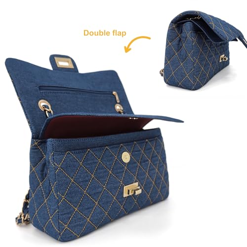 Quilted Denim Crossbody Bags for Women, Chain Strap Shoulder Bags, Medium Double Flap Purse, Gold Hardware Jean Purse3