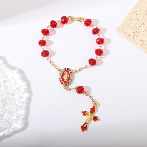 Image of Car Rosary for Rearview Mirror,Rosary for Car Mirror Hanging,Catholic Religious Gifts for Women Men,Auto Rearview Catholic Rosary Hanging Pendant with Virgin Mary Charm,interior Cars Accessories (Red)