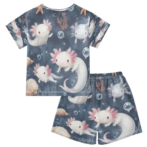 Pajama Sets Short Sleeve Axolotl Underwater Scene Soft Cotton Summer Sleepwear 2 Piece PJS Size 5-14T2