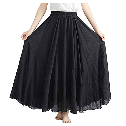 Kedera Women's Bohemian Style Elastic Waist Band Flowy Full Circle Cotton Linen Long Maxi Skirt Dress