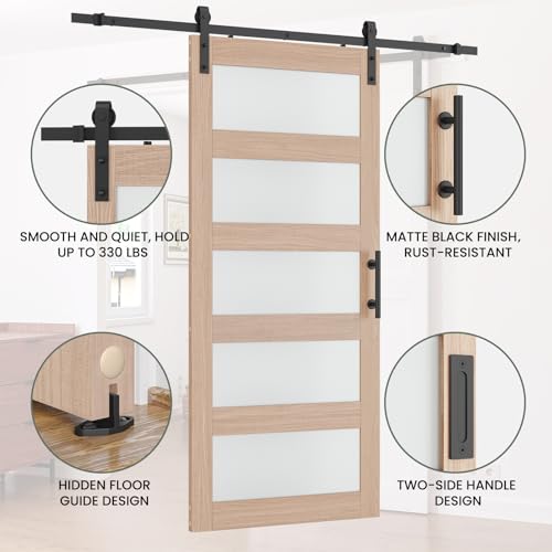 32 x 84 in Frosted Glass and Manufactured Paneled Wood Barn Door with Installation Hardware Kit