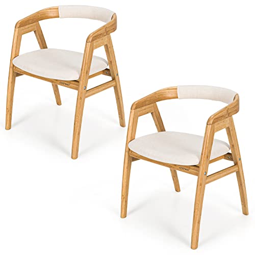 Image of COSTWAY Bamboo Dining Chair Set of 2, Modern Painted Accent Chair w /Comfy Fiber Cushion, Curved Backrest, Solid Legs, Upholstered Armchair for Living Room, Bedroom, Natural