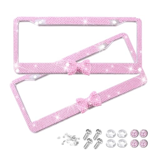 Sandfren Bling Car License Plate Frame for Women, 2PCS Crystal Rhinestone Stainless Steel Vehicle Plate Holder, Glitter Diamond Sparkly Auto Plate Tag Cover Accessories, Universal Fit (Pink/Pink Bow)