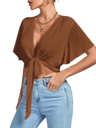 Image of LYANER Women's Sexy Deep V Neck Tie Front Wrap Cropped Blouse Bell Short Sleeve Ruffle Crop Tops
