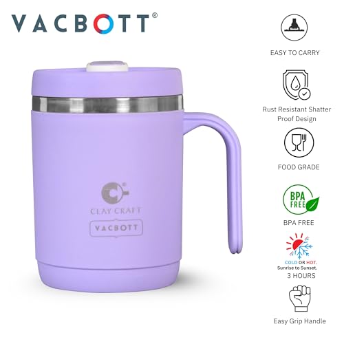 Image of CLAY CRAFT VACBOTT Dyona 400ML (Purple) Premium Stainless Steel Puf-Insulated Flask Mug| Long Hrs Hot & Cold|Airtight, BPA-Free, Leak-Proof Travel Mug with Handle| Made in India