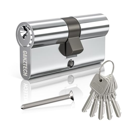 GANZTECH 30/30 (60mm), verchromtes Türzylinderschloss, Schlüsselschlüssel mit 5 Standardschlüsseln, Euro-Zylinderschloss aus Aluminiumlegierung,Verbundtüren und UPVC