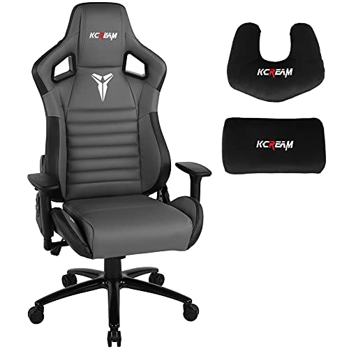 KCREAM Gaming Chair,Ergonomic Racing Office Computer Chair Adjustable Headrest and Massage Lumbar Pillows PVC Leather High-Back Swivel Task Chair with Footrest (8525-gray)