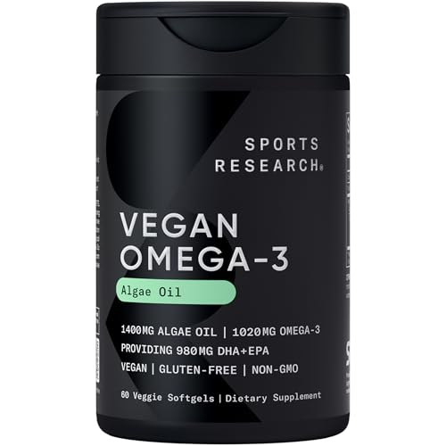 Sports Research Vegan Omega-3 Fish Oil Alternative from Algae Oil - Highest Levels of Vegan DHA & EPA Fatty Acids | Non-GMO Tested & Vegan Certified - 60 Veggie Softgels (Carrageenan Free)