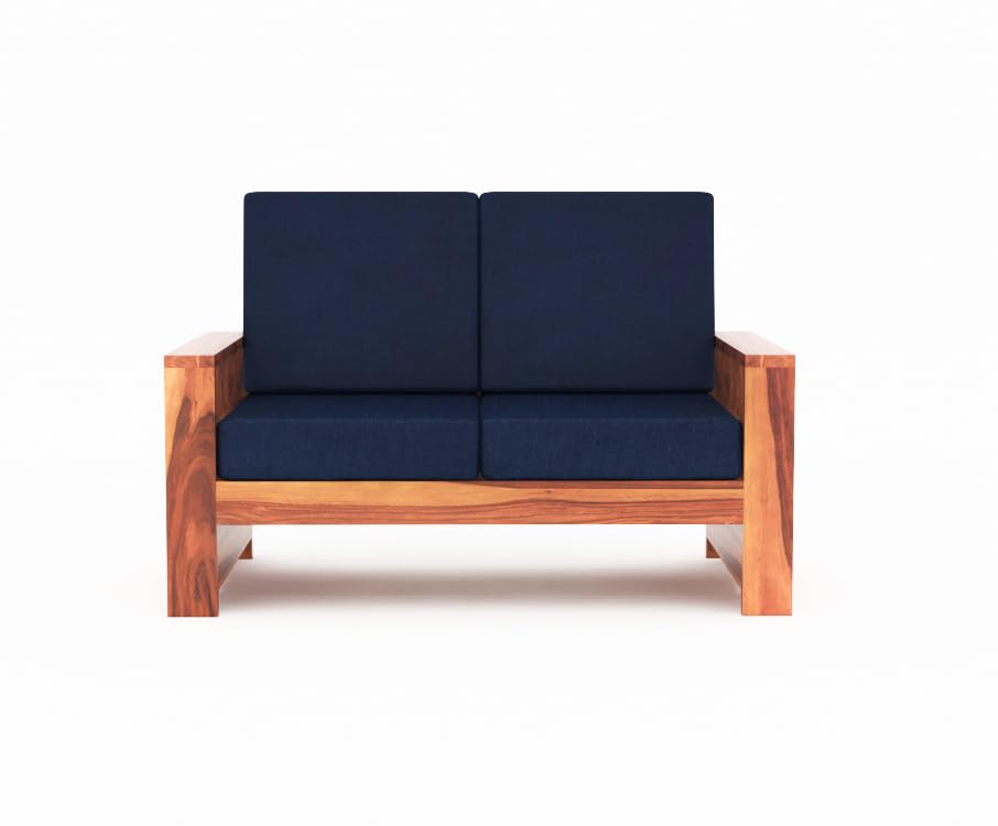 Image of Sheesham Wooden 2 Seater Sofa for Living Room | Rosewood 2 Seater Cushion Sofa with Side Rack | Solid Wood Sofa Set for Lounge (2 Seater,Honey Finish)