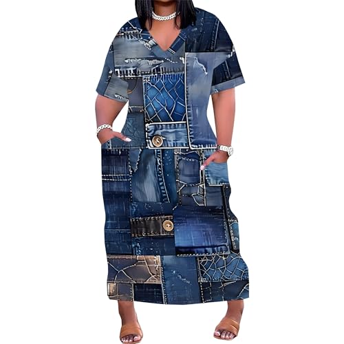 Image of SUZONANA Plus Size Denim Print Shirt Maxi Dresses for Curvy Women Casual Blue Jean Summer Outfits Long Short Sleeve Dress with Pockets Patchwork 4XL