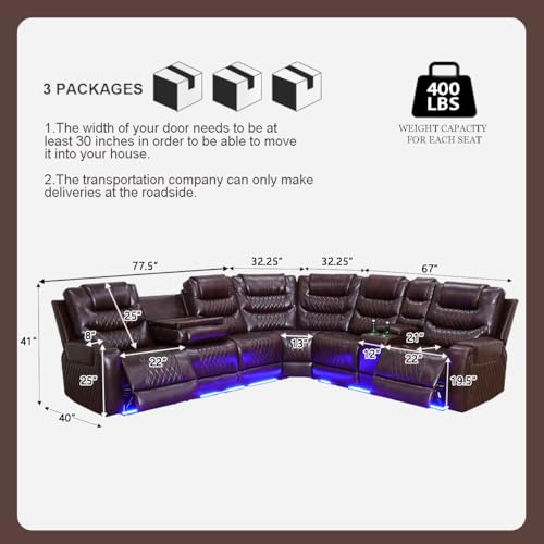 Image of Power Recliner Sectional Sofa with LED Light for Living Room, Dark Brown Leather Reclining Sofa Corner Sectional Couches Set, Cup Holder, Storage Console for Home Theater Seating