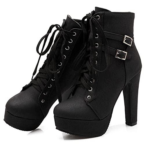 HINDOLA Women Boots Fashion High Heel Lace Up Ankle Boots Ladies Round Toe Buckle Knight Ankle Boots2