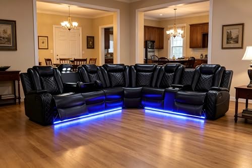 Image of Power Recliner Sectional Sofa with LED Light for Living Room, Black Leather Reclining Sofa Corner Sectional Couches Set, Cup Holder, Storage Console for Home Theater Seating