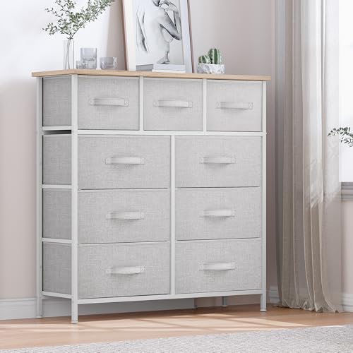 DWVO 9 Drawer Dresser, Light Gray Fabric Storage Tower, Tall Organizer Unit for Room, Living Room, Hallway, Closets - Sturdy Steel Frame, Wooden Top & Easy Pull Bins