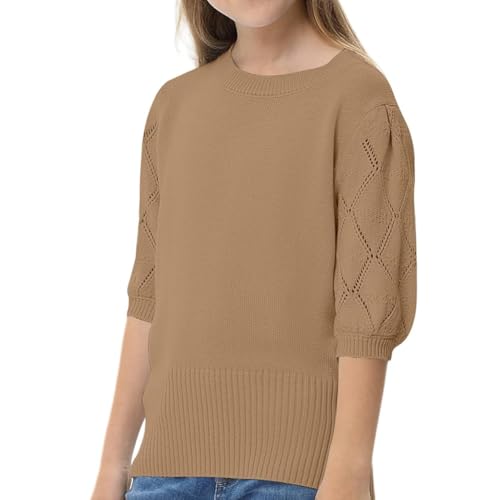 Girls' mid Sleeve Knitted Sweater with Bubble Sleeves Design, Comfortable and Breathable, Versatile Sweater3