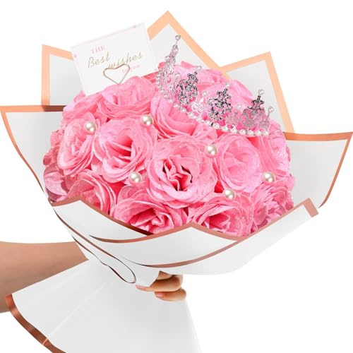 TLY Glitter Roses Bouquet 24 Pcs Pink Flower Bouquet Birthday Gifts for Women DIY Artificial Flowers for Mom Grandma Wife Girlfriend Mothers Day Graduation Anniversary Engagement Wedding