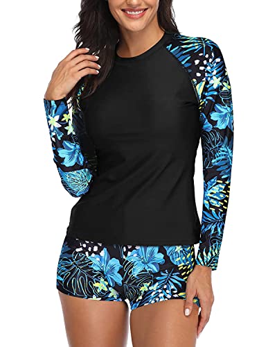 Image of Daci Women Two Piece Rash Guard Long Sleeve Swimsuits with Short UPF 50+ | UPF 50+,High Waisted Short,Long Sleeve,High Neck,Built-in Brief,Quick Dry