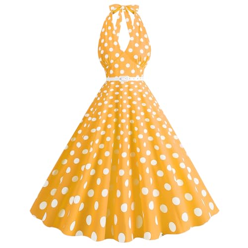 Damen Vintage Cocktailkleid Ärmellos Neckholder 1950er Polka Dots Retro Rockabilly Swing Kleid A Linie Faltenrock Knielang Hochzeit Festlich...
