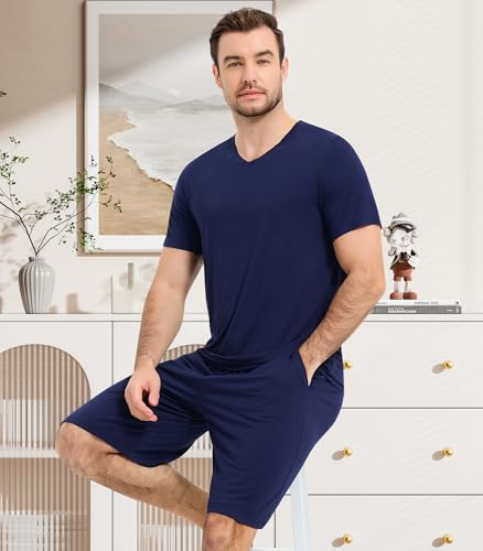 Image of NACHILA Men's Pajamas-Viscose Made from Bamboo, Short Sleeve Top with Shorts Pjs Set V Neck Sleepwear Cool Loungewear