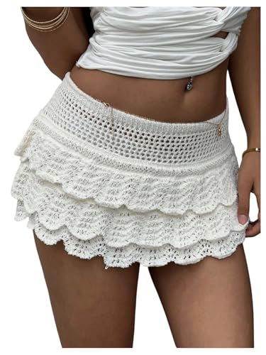 WDIRARA Women's Boho Crochet Layered Mini Skirt Hollow Out Scalloped Knit Skirts