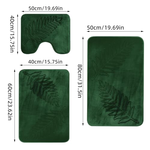 Fycyko Bad Teppiche Set, Badezimmerteppich 3 Stück, Badematte mit Blättermuster,WC Vorleger mit Ausschnitt,Badvorleger rutschfest Waschbar Weihnachtsgrün – Bild 4