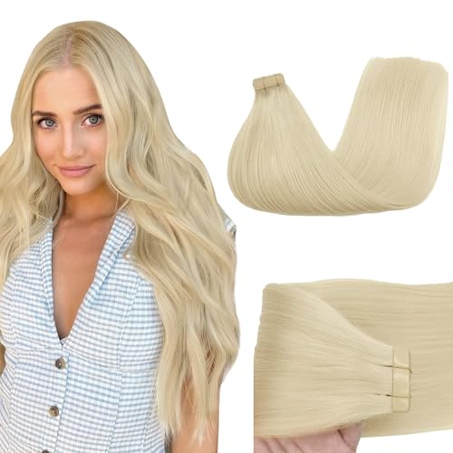 GOO GOO Tape in Hair Extensions Human Hair, 60A Platinum Blonde, 16inch 50g 20pcs, Skin Weft Seamless Invisible, Silky Straight with Thick Ends, Remy Human Hair